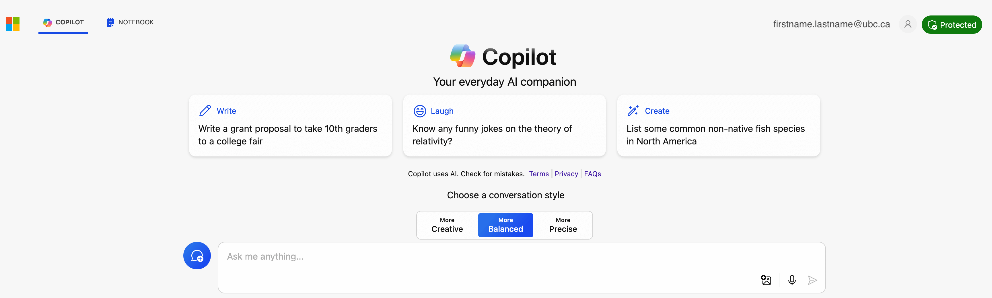 A screenshot of the Microsoft Copilot interface showing an input text box people can type into to use the tool as well as the ability to select the conversational style or choose from some pre-written prompts.